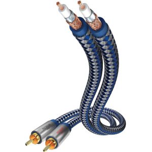 Blue braided dual-conductor speaker cable with gold-plated connectors and bare copper ends.