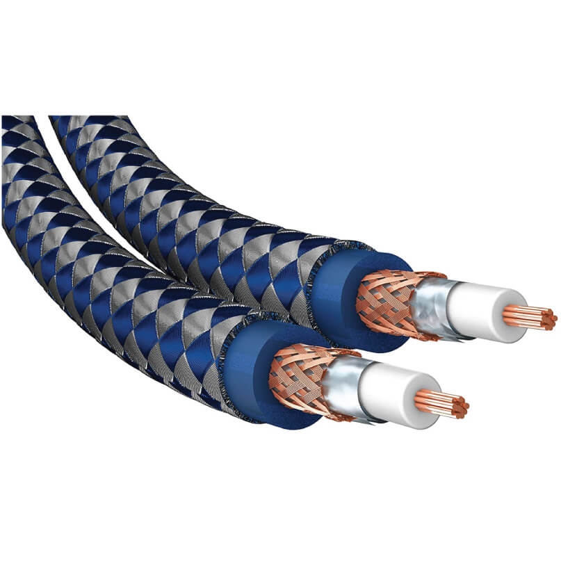 Inakustik Premium 0.75M Rca-To-Rca Audio Cable Two blue-silver braided high-end speaker cables with exposed copper conductors.