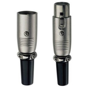Two metal locking cable connectors with ribbed bodies, side latch, and black plastic strain-relief.