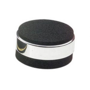 Round chrome disc with black foam padding on both sides.