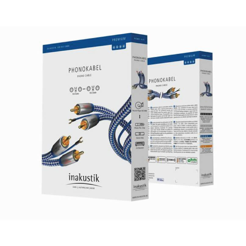 Inakustik Premium 1.5M Rca-To-Rca Audio Cable Inakustik phono kabel premium audio cables with braided blue-and-white shielding on white packaging.