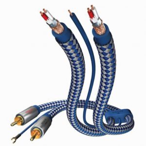 Blue braided speaker cables with gold-plated banana plugs and RCA connectors, flexible sleeved design.