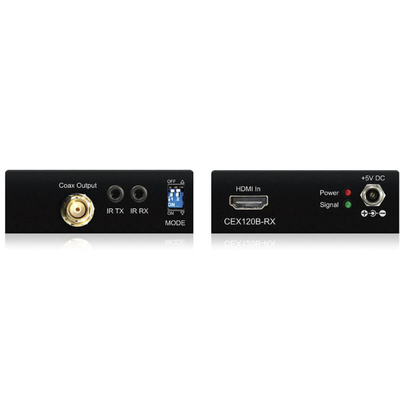 Blustream Cex120B-Kit Hdmi Over Coax Extender Set Hdmi ir extender kit with cex120b-rx receiver and tx transmitter, featuring hdmi input, coax output, and ir tx/rx ports.