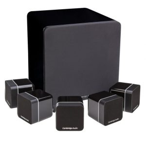 Cambridge Audio 5.1 surround speaker system with black cube satellite speakers and a large subwoofer.