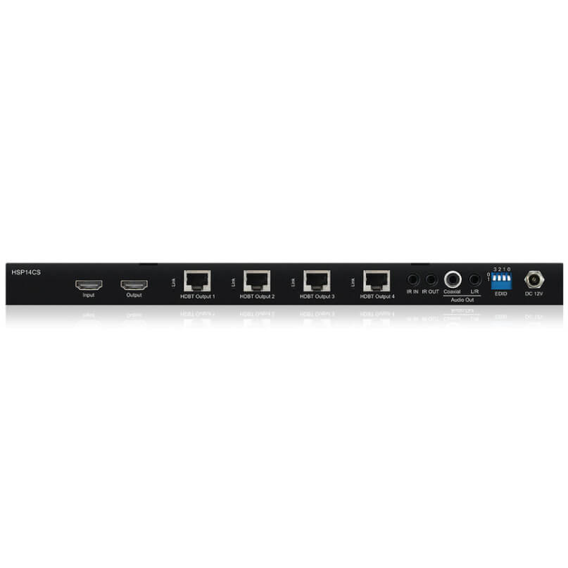 Blustream Hsp14Cs 4-Way 4K Hdbaset? Splitter With Smart Scale Technology - 70M Hsp14cs hdmi 1x4 splitter with four hdmi outputs, edid switch, ir in/out, and dc 12v power.