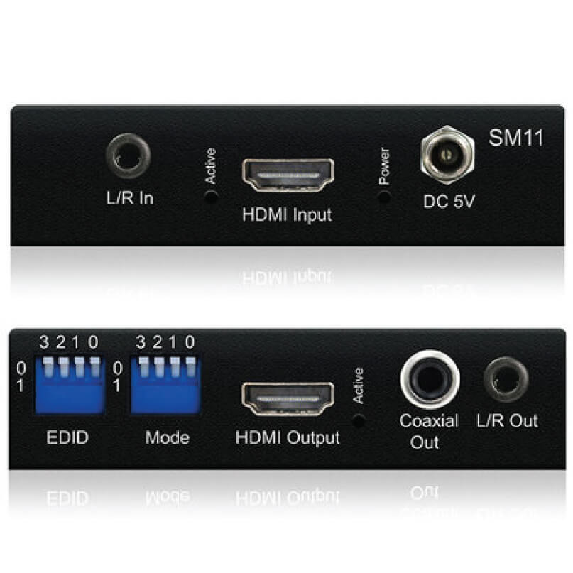 Blustream Sm11 Hdmi Manager Sm11 hdmi audio extractor with l/r input, hdmi input/output, coaxial output, and edid and mode switches.