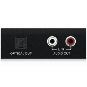 Rear panel of an electronic device featuring optical output and left/right stereo RCA audio outputs.