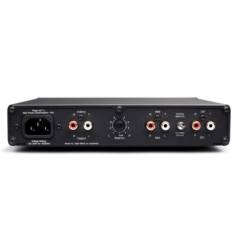 Cambridge Audio Alva Duo Moving Coil &Amp; Moving Magnet Phono Preamplifier Rear view of a rack-mount stereo preamplifier with rca inputs/outputs, balance knob, turntable ground, and universal ac power inlet.