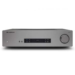 Cambridge Audio integrated stereo amplifier with a large right-side volume knob and dark display.