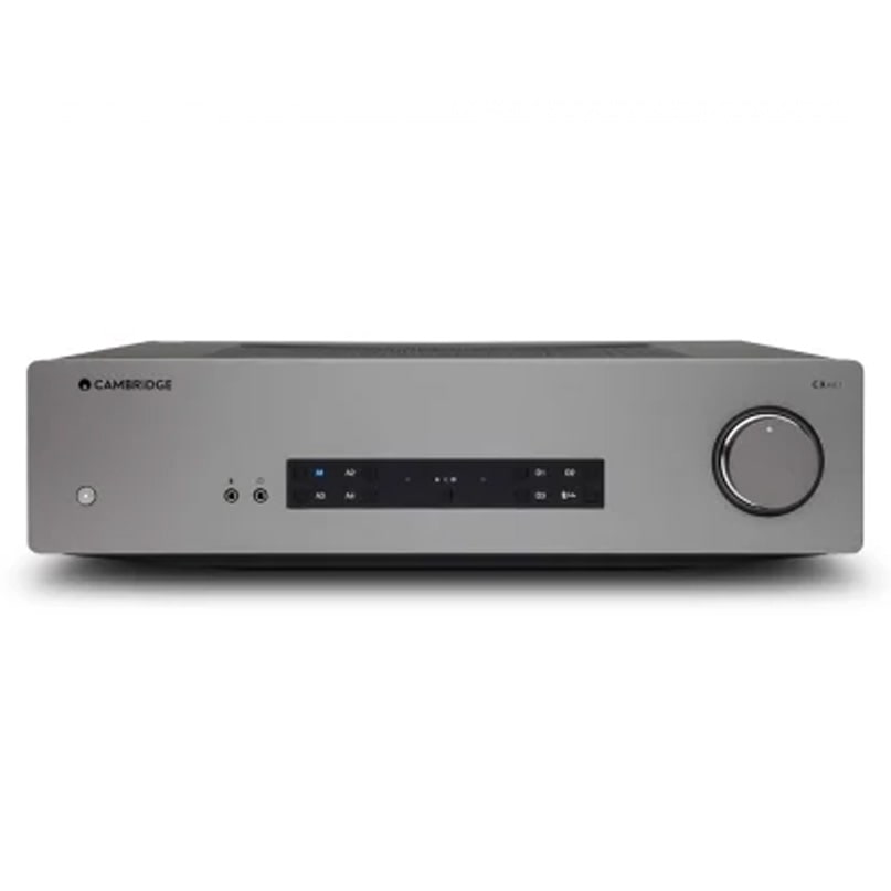 Cambridge Audio Cxa61 Integrated Amplifier Cambridge audio integrated stereo amplifier with a large right-side volume knob and dark display.
