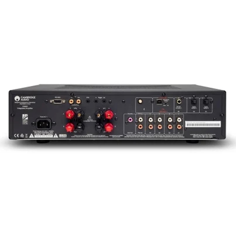 Cambridge Audio Cxa61 Integrated Amplifier Rear panel of cambridge audio integrated amplifier with multiple rca inputs and red/black speaker binding posts.