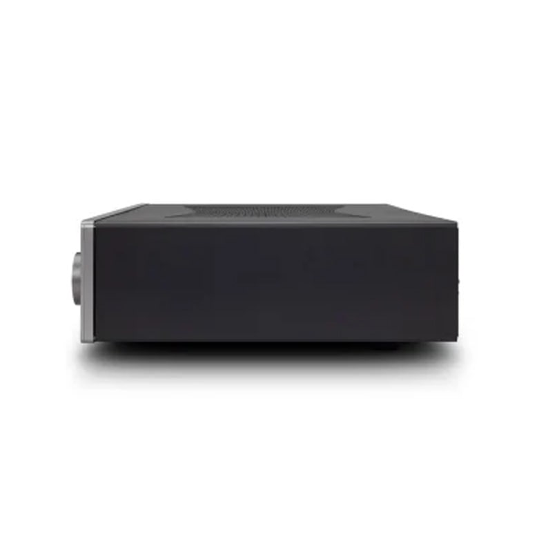 Cambridge Audio Cxa61 Integrated Amplifier Black rectangular audio amplifier with a silver circular connector on the left side.