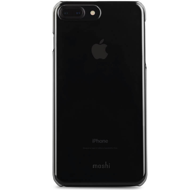 Moshi Iglaze Xt For Iphone 8/7 Plus - Black Apple iphone with moshi case, black glass back, dual camera at top-left, slim metal bumper.