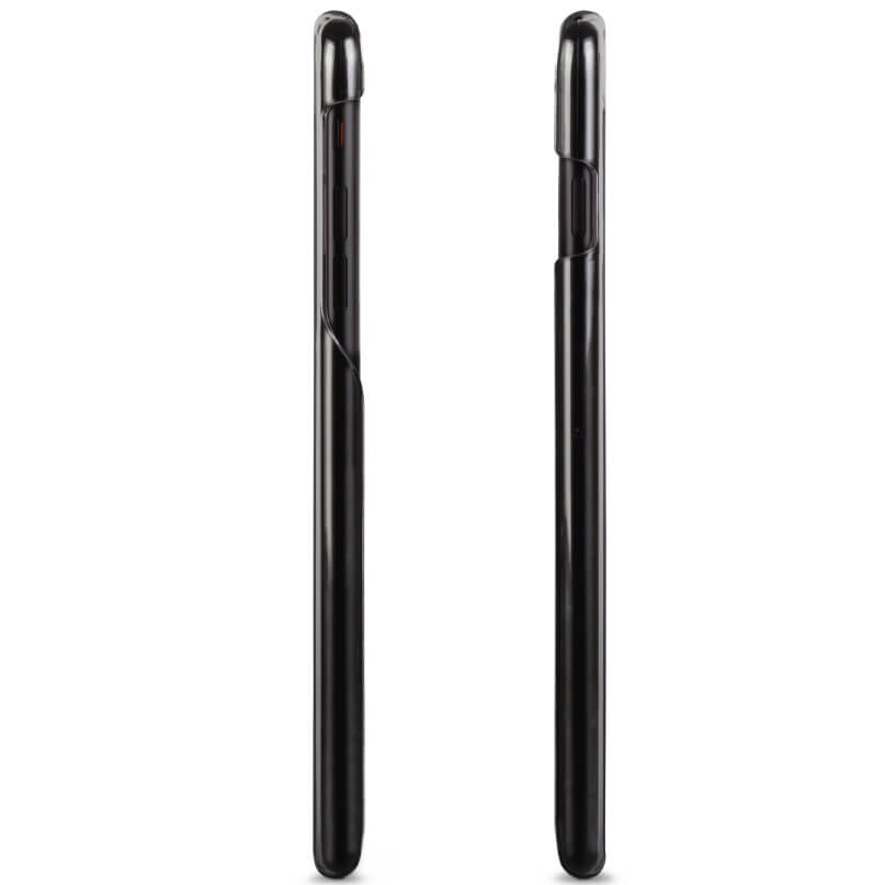 Moshi Iglaze Xt For Iphone 8/7 Plus - Black Side views of two black smartphones with glossy finish, slim profile, rounded edges, and visible side buttons.