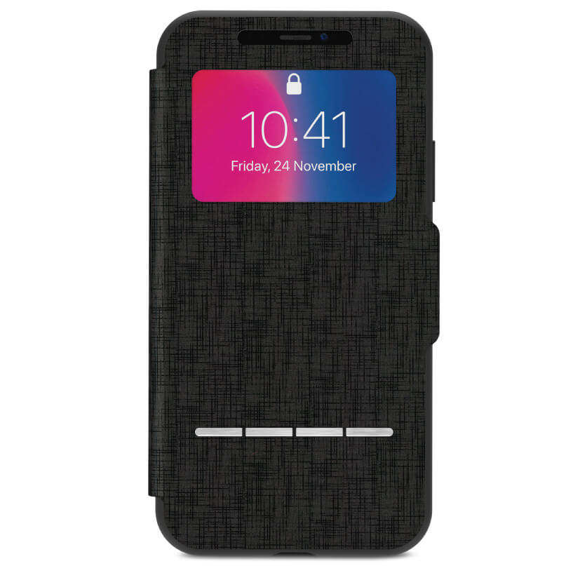 Moshi Sensecover For Iphone X/Xs - Black Black textured flip phone case with front window showing time and date.