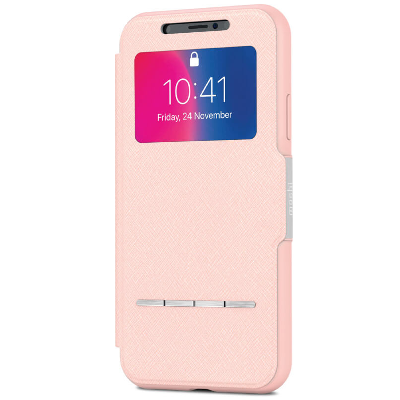 Moshi Sensecover For Iphone X/Xs - Black Pink textured flip smartphone case with front window displaying time and date.