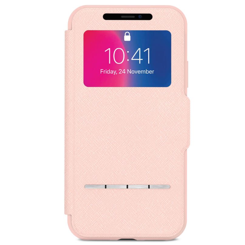 Moshi Sensecover For Iphone X/Xs - Black Pink textured flip smartphone case with front window displaying time and date.
