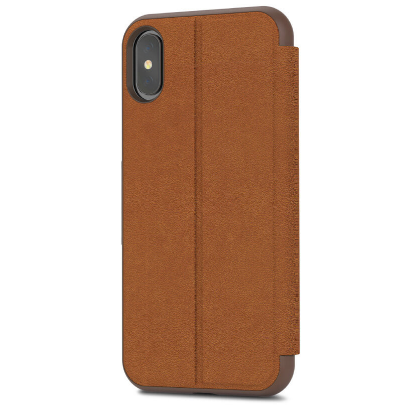 Moshi Sensecover For Iphone X/Xs - Black A brown leather phone case with vertical camera cutout and stitched back panel.