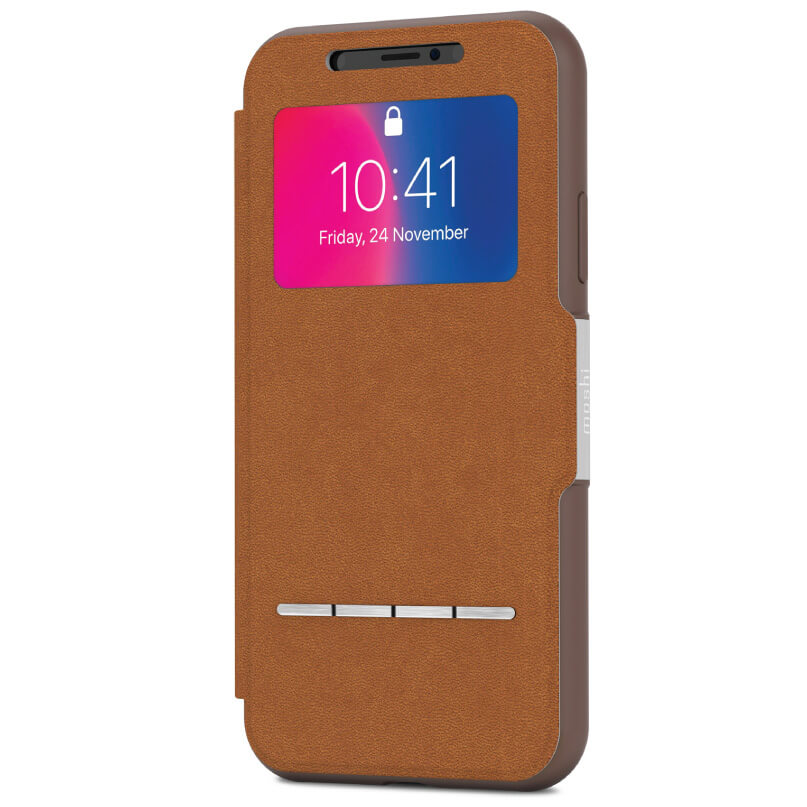 Moshi Sensecover For Iphone X/Xs - Black Brown leather wallet-style phone case with card slots and small top front window displaying time.