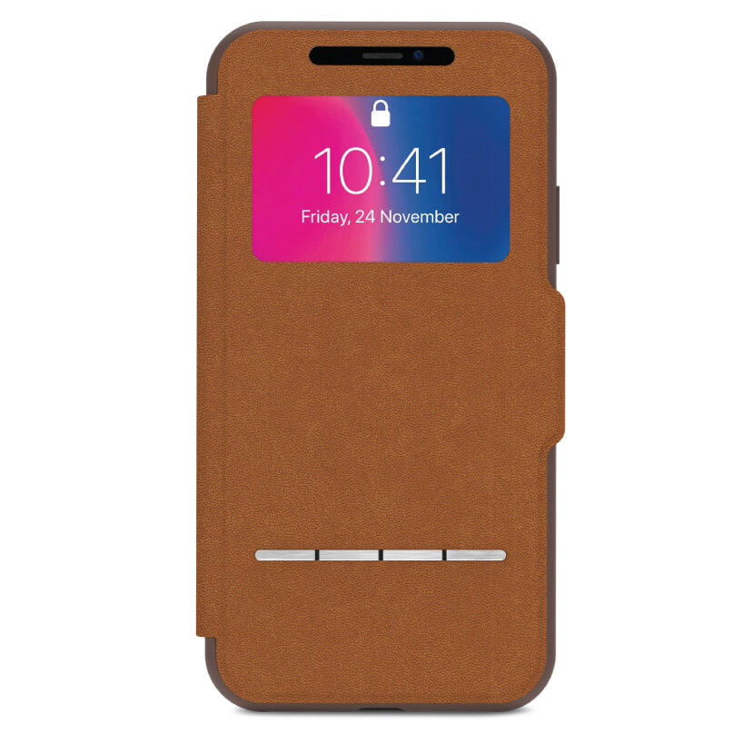 Moshi Sensecover For Iphone X/Xs - Black Brown leather wallet-style phone case with a window display and card slot.