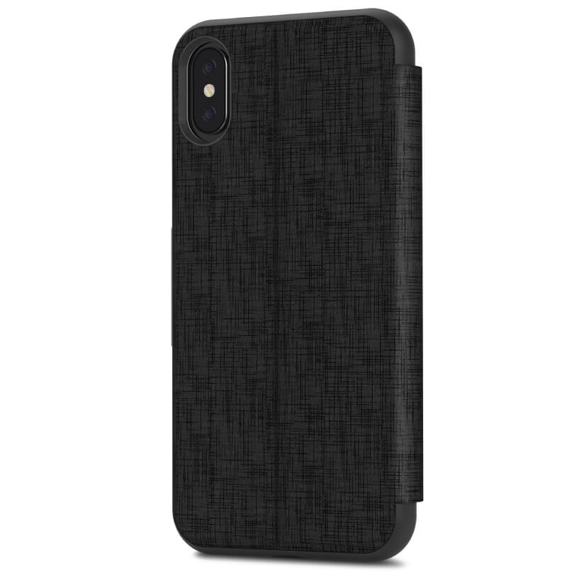 Moshi Sensecover For Iphone X/Xs - Black Black textured fabric-style phone case with rounded corners and a dual-camera cutout.