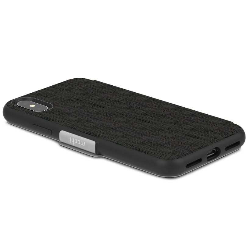 Moshi Sensecover For Iphone X/Xs - Black Black textured phone battery case with side digital power indicator and camera cutout.