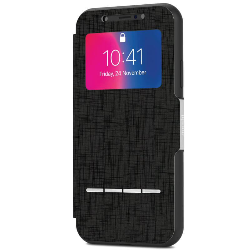 Moshi Sensecover For Iphone X/Xs - Black Black textured flip phone case with front window displaying time and a card slot