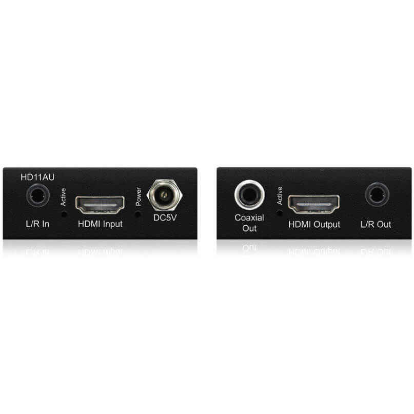 Blustream Hd11Au Hdmi Audio Embedder Hd11au hdmi input/output panel pair with hdmi ports, l/r audio jacks, coaxial out, and dc5v power connector.