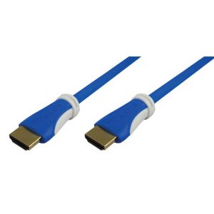 Blue HDMI cable with gold-plated connectors and white molded strain-relief housings.