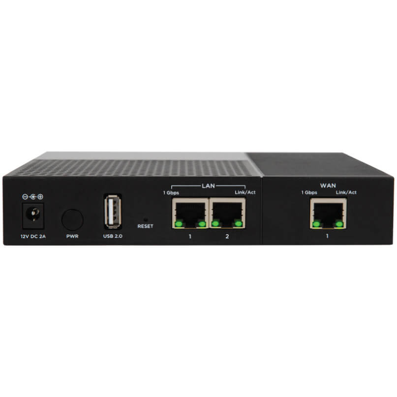 Araknis Networks 110-Series Single-Wan Gigabit Vpn Router Black compact router with wan and two lan ports, usb 2. 0, 12v dc input, and reset button.