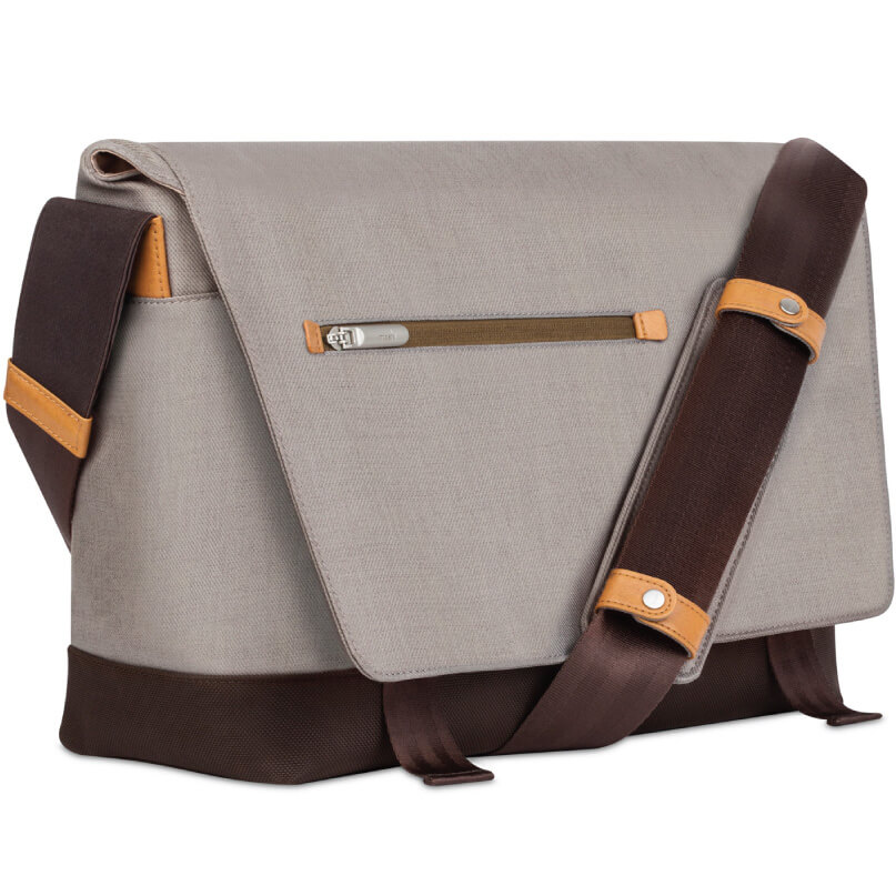 Moshi Aerio Messenger Bag 15&Quot; Beige canvas messenger bag with brown adjustable strap, tan leather accents, and front zip pocket.