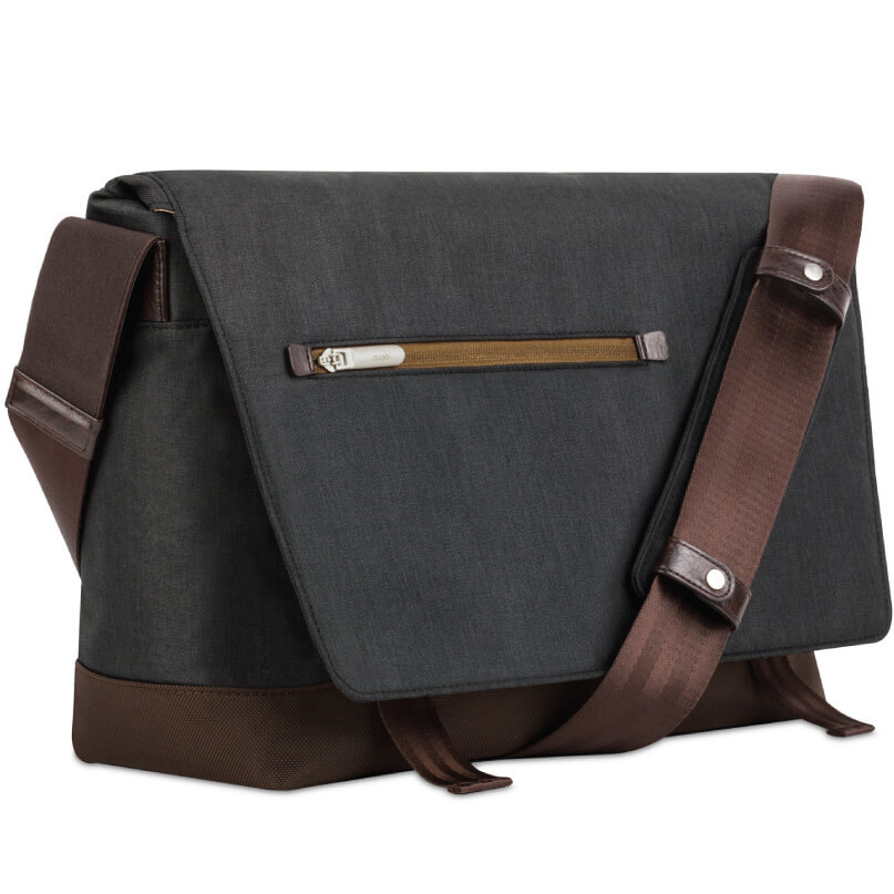 Moshi Aerio Messenger Bag 15&Quot; Grey messenger bag with brown leather accents, front zip pocket, and adjustable brown shoulder strap under a flap closure