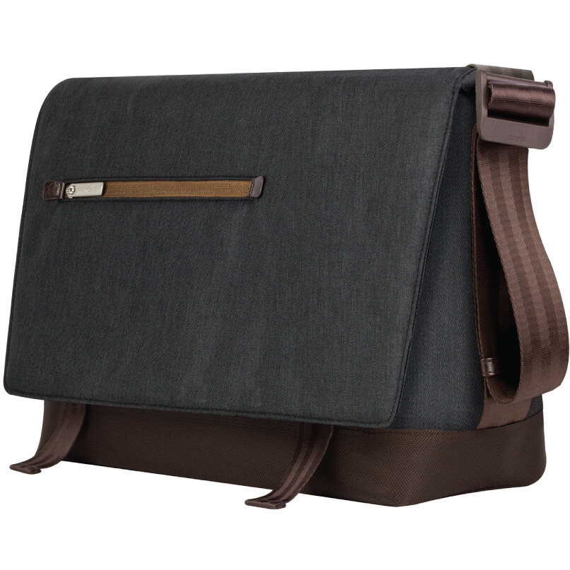 Moshi Aerio Messenger Bag 15&Quot; Dark gray fabric messenger bag with front zip pocket, brown leather zipper pull, and brown adjustable shoulder strap.