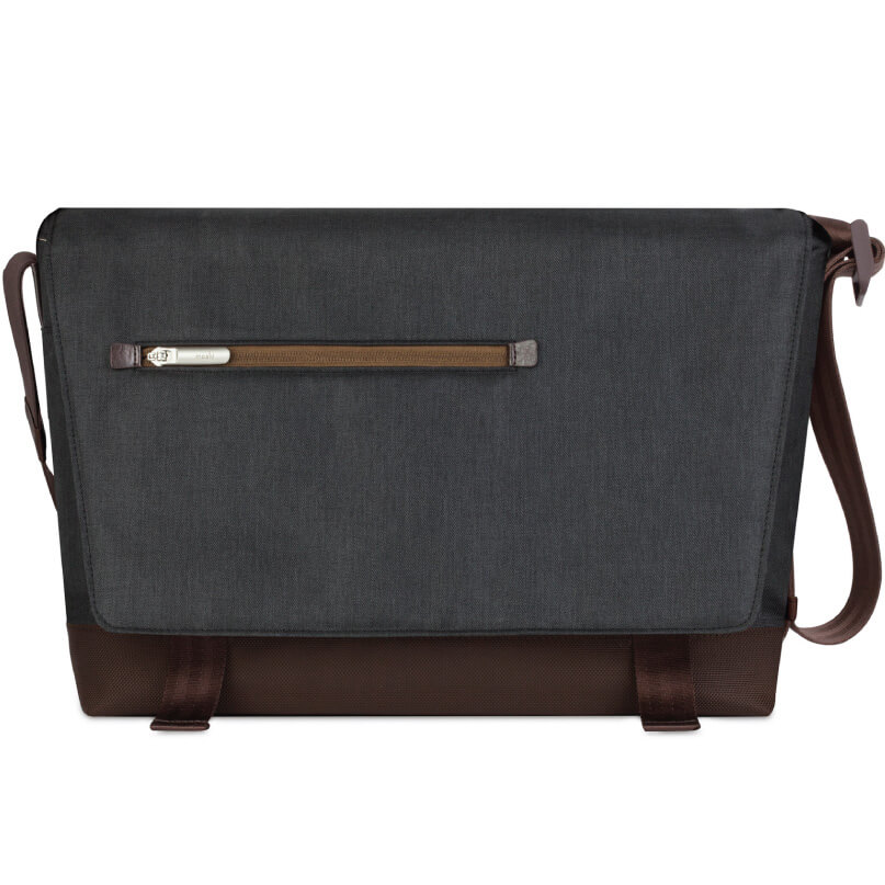 Moshi Aerio Messenger Bag 15&Quot; Dark gray messenger bag with brown leather accents, flap closure, front zip pocket, and brown base.