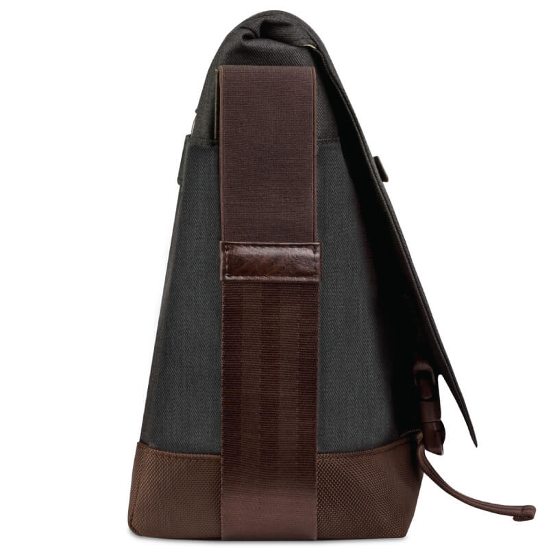 Moshi Aerio Messenger Bag 15&Quot; Sling bag with dark gray fabric body, brown leather base and wide brown strap, side profile.