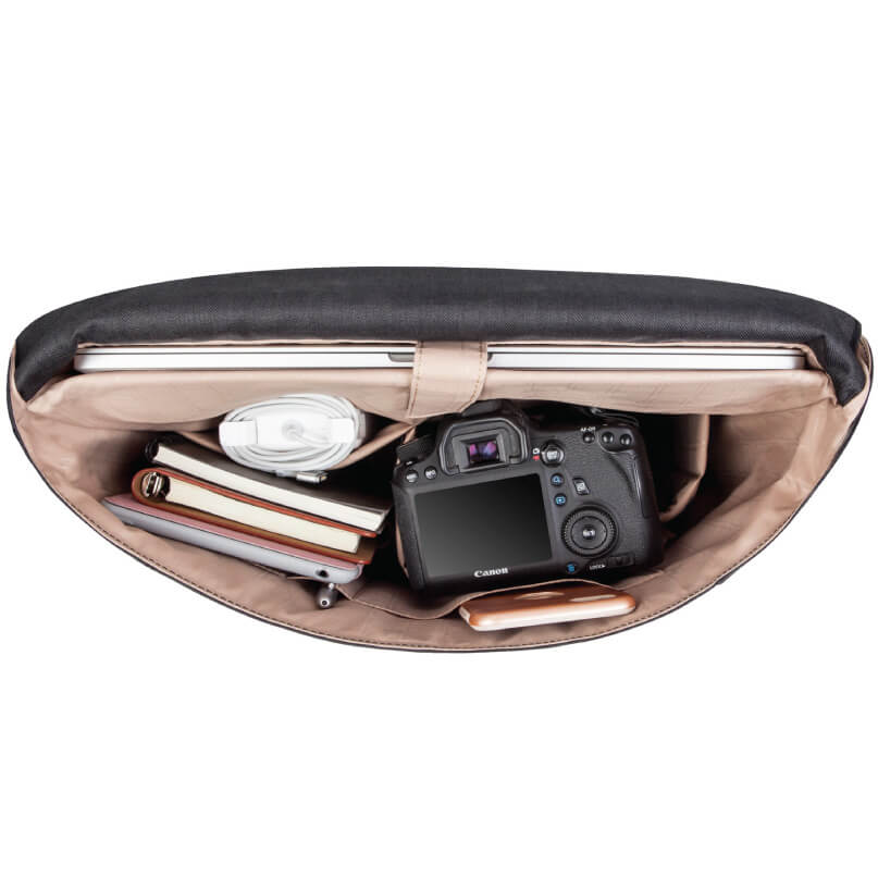 Moshi Aerio Messenger Bag 15&Quot; Beige camera bag opened to reveal canon dslr, laptop, notebooks, charger, and smartphone.