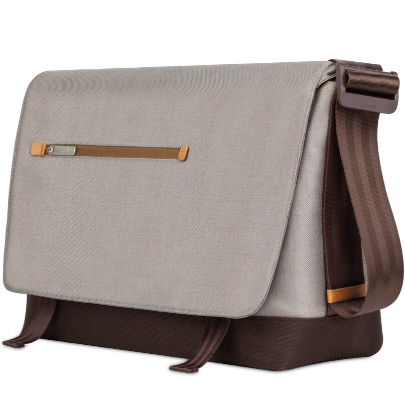 Moshi Aerio Messenger Bag 15&Quot; Light gray canvas messenger bag with brown shoulder strap, front zip pocket, and brown bottom.