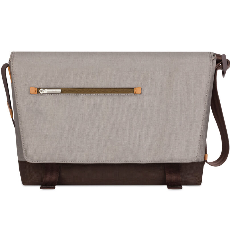 Moshi Aerio Messenger Bag 15&Quot; Grey messenger bag with brown base, front zip pocket with tan leather zipper pulls, and adjustable shoulder strap.
