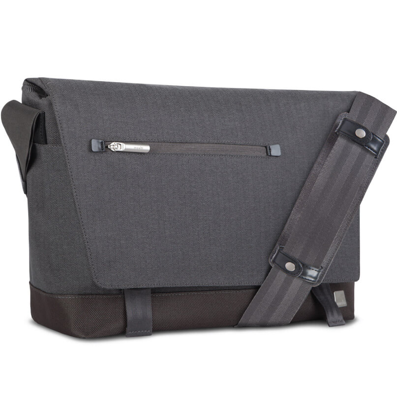 Moshi Aerio Messenger Bag 15&Quot; Gray messenger bag with front zip pocket, dark brown bottom, and adjustable striped shoulder strap.