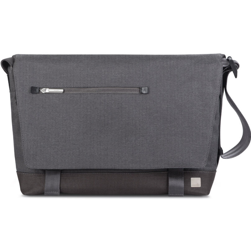 Moshi Aerio Messenger Bag 15&Quot; Gray messenger bag with front zipper pocket, dark brown base, adjustable shoulder strap, and a small metal brand plate.