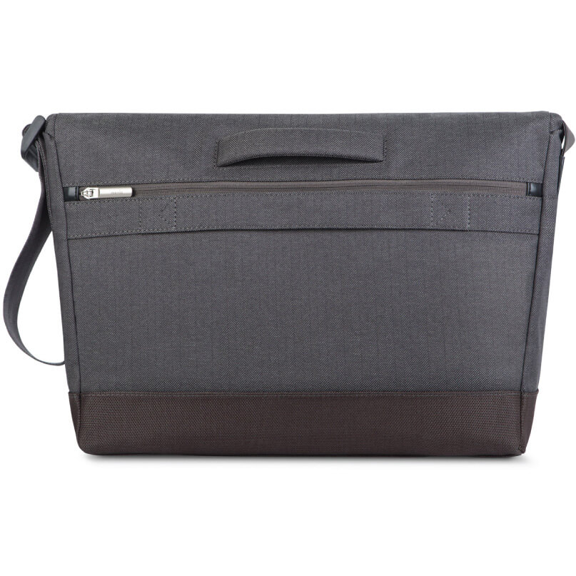 Moshi Aerio Messenger Bag 15&Quot; Gray fabric messenger bag with brown bottom panel, top handle, detachable shoulder strap, and back zipper pocket.