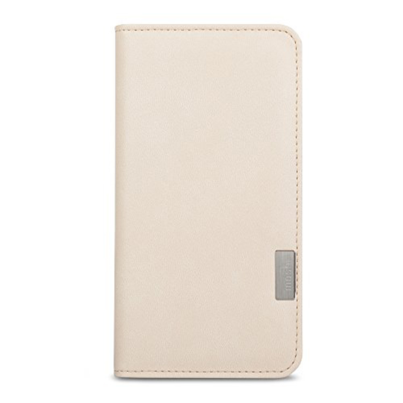 Moshi Overture For Iphone 7/8 - Cream Beige leather wallet-style phone case with stitched edges and a small metal brand plate on the lower right.