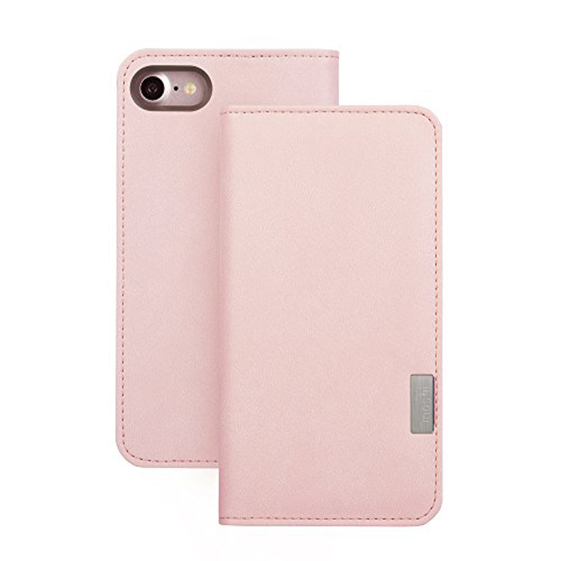 Moshi Overture For Iphone 7/8 - Cream Pink leather flip-wallet phone case with folio cover for iphone, featuring rear camera cutout.