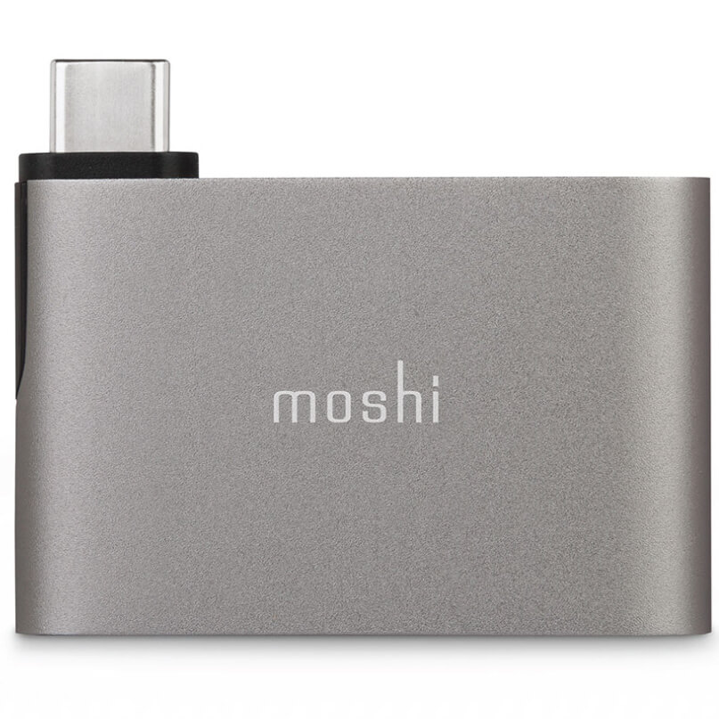 Moshi Usb-C To Dual Usb-A Adapter Moshi aluminum usb-c adapter dongle with compact silver body and usb-c connector.