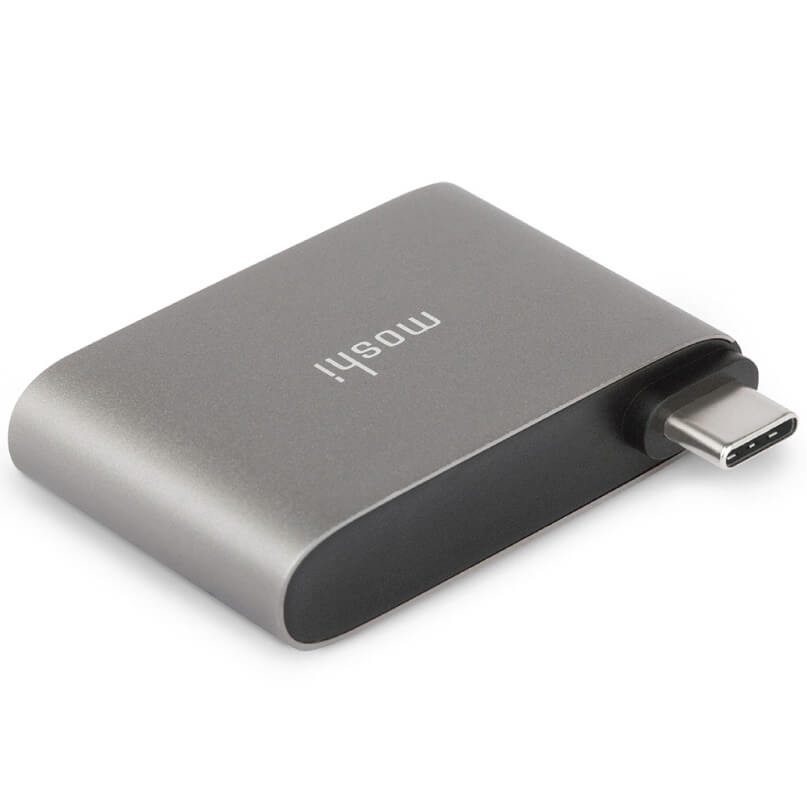 Moshi Usb-C To Dual Usb-A Adapter Moshi usb-c adapter in silver aluminum housing with integrated usb-c plug.