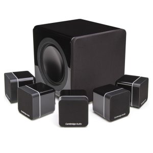 Cambridge Audio 5.1 speaker system with five black cube satellite speakers and a large subwoofer.