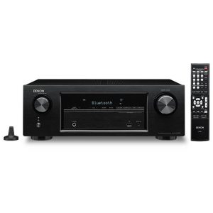Denon AV receiver with Bluetooth, black brushed metal finish, large left and right front knobs, central display, and remote.