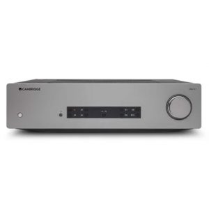 Cambridge Audio integrated stereo amplifier in silver with large right-side volume knob and central input panel.