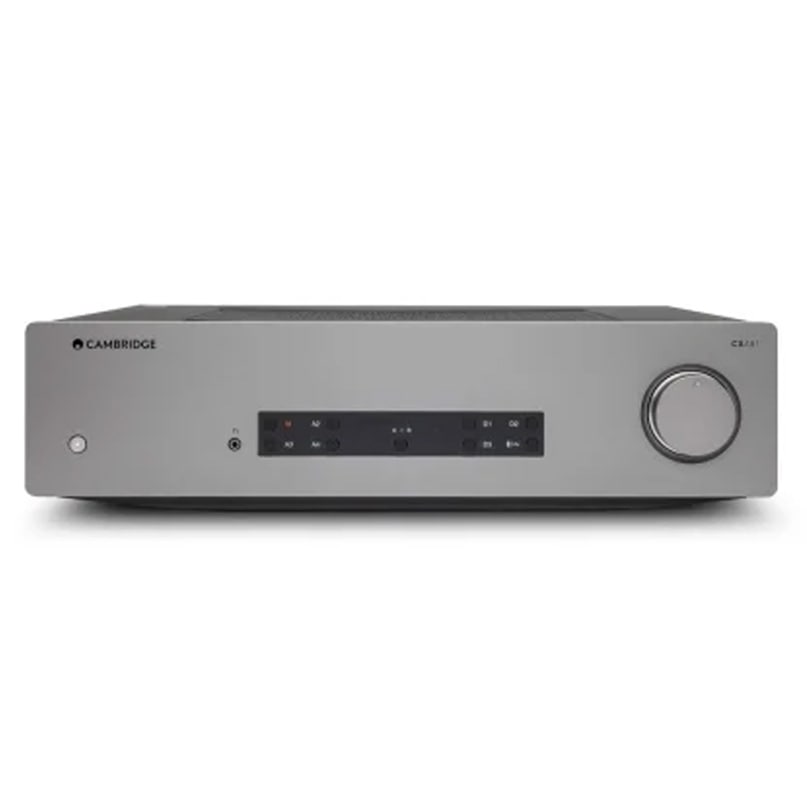 Cambridge Audio Cxa81 Integrated Amplifier Cambridge audio integrated stereo amplifier in silver with large right-side volume knob and central input panel.
