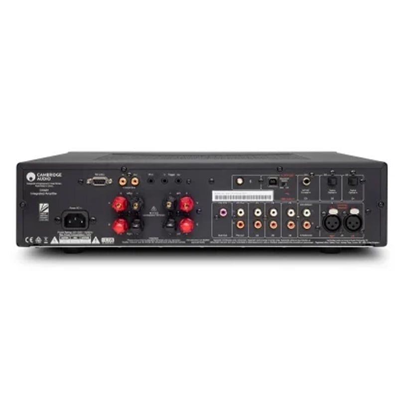Cambridge Audio Cxa81 Integrated Amplifier Cambridge audio integrated stereo amplifier back panel with red binding posts, multiple rca inputs, and two xlr connectors.